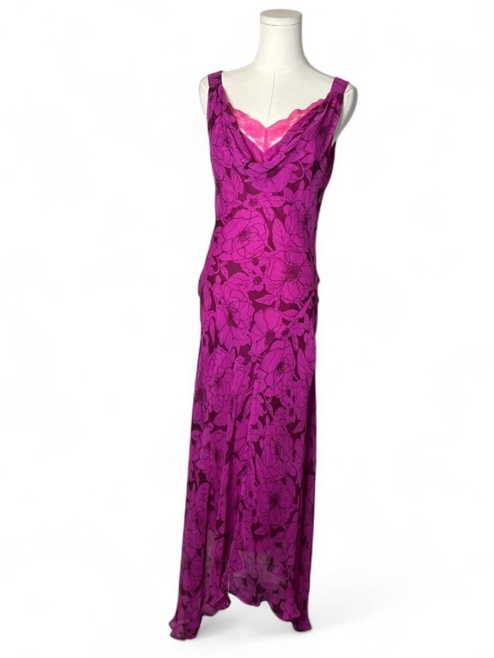 Vintage ICE Magenta Floral Bias Cut Silk Asymmetrical Maxi Dress